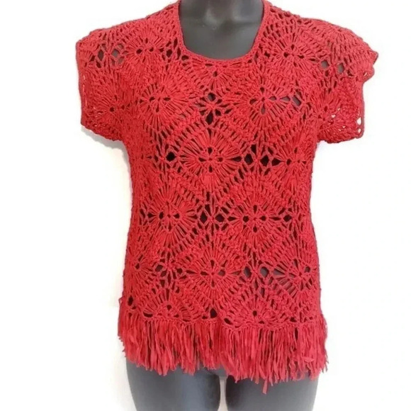 Chico’s Red Crochet Fringe Top Boho Festival Vacation Knit Blouse Size 0 Small - Picture 2 of 11